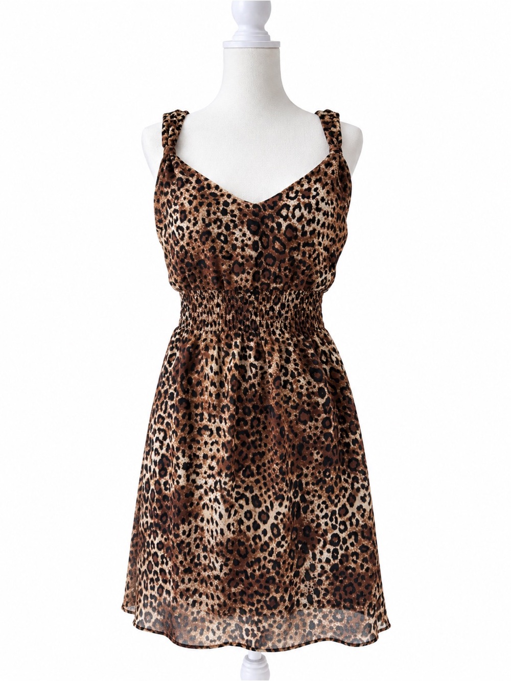 Dynamite Leopard Print Smocked-Waist Mini Dress - Brown